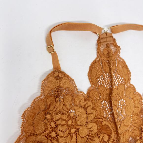 We Are HAH Medium M Brown Sugar Orange Lace Racerback Bra Bralette Deep V Neck - Picture 5 of 11